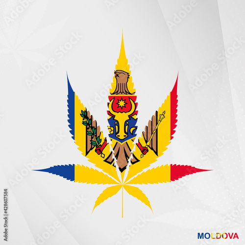 Flag of Moldova in Marijuana leaf shape. The concept of legalization Cannabis in Moldova.