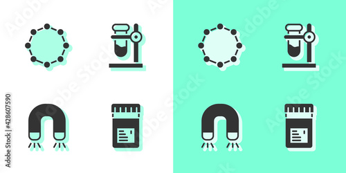 Set Jar with additives, Chemical formula, Magnet and Test tube flask on stand icon. Vector