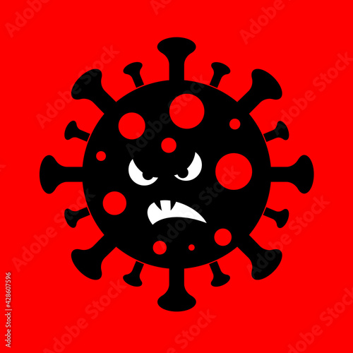 Flat image of a very angry and disgruntled scary black virus on a red background. World pandemic. The virus attacks humanity