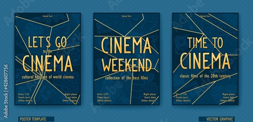 Time to cinema. Ready billboard for the movie theater. Vector linear drawing. Trendy polygonal graphics in comic storyboard style.