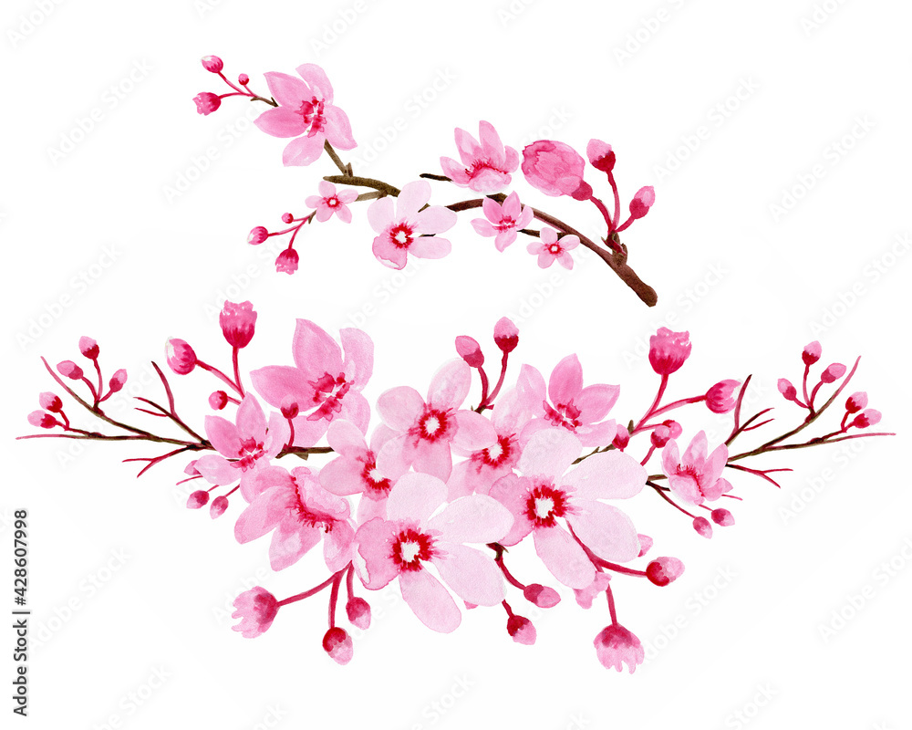 Watercolor clipart Sakura, Cherry Branches, Blossom, Branches .Sakura Wreaths, Watercolor floral clipart.