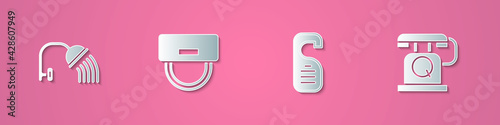 Set paper cut Shower head, Bellboy hat, Please do not disturb and Telephone handset icon. Paper art style. Vector