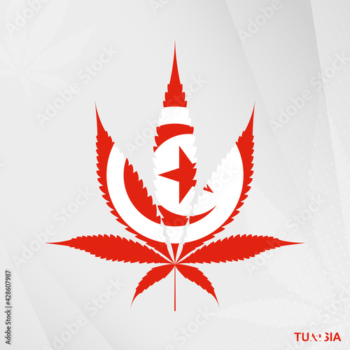 Flag of Tunisia in Marijuana leaf shape. The concept of legalization Cannabis in Tunisia.