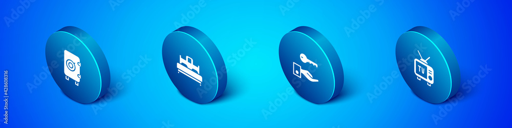 Set Isometric Safe, Hotel door lock key, Retro tv and Bedroom icon. Vector Set Isometric Safe, Hotel door lock key, Retro tv and Bedroom icon. Vector