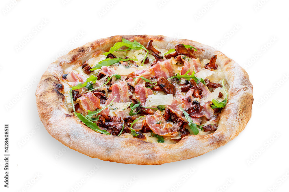 Pizza Carbonara with bacon, chanterelles, arugula, mozzarella, parmesan, pesto. Neapolitan round pizza on white background