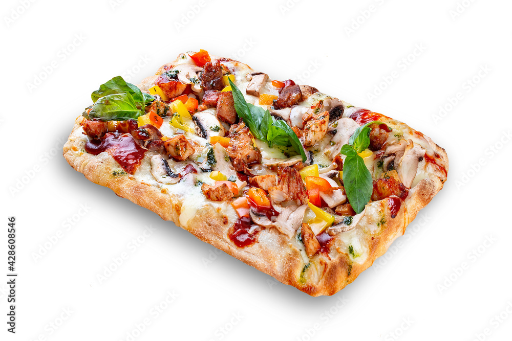 BBQ pizza with pork, chicken, bell pepper, barbecue sauce, mushroom, pesto. Roman pizza rectangular on white background BBQ pizza with pork, chicken, bell pepper, barbecue sauce, mushroom, pesto. Roman pizza rectangular on white background