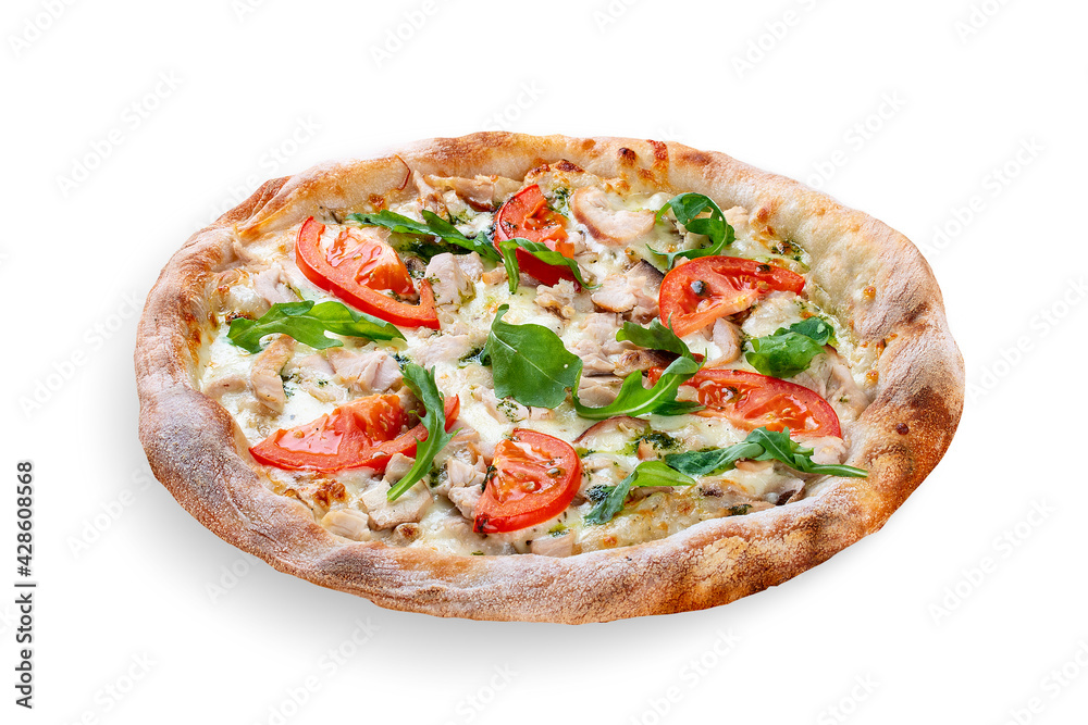 Bianco pizza with smoked chicken, rucola, cheese sauce, mushroom, pesto. Neapolitan round pizza on white background