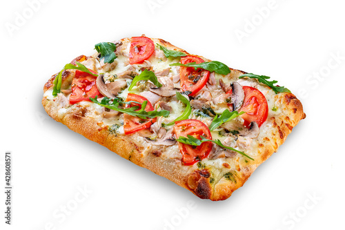 Bianco pizza with smoked chicken, rucola, cheese sauce, mushroom, pesto. Roman pizza rectangular on white background