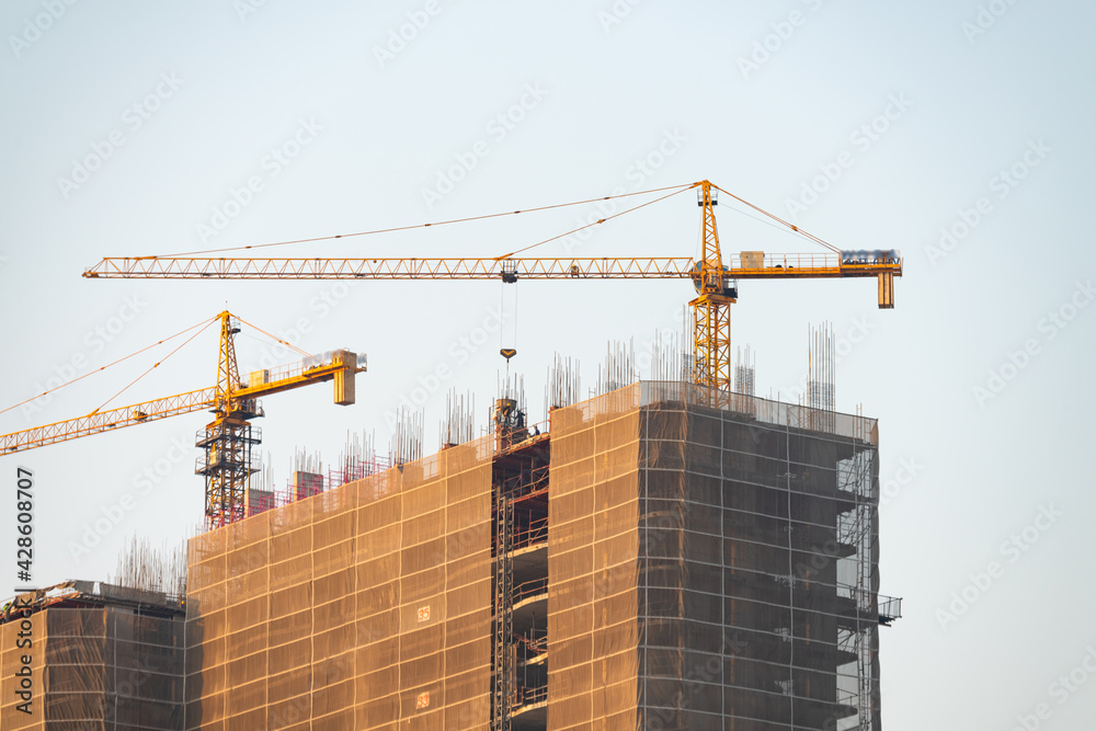 The tower crane is working at the building construction site.