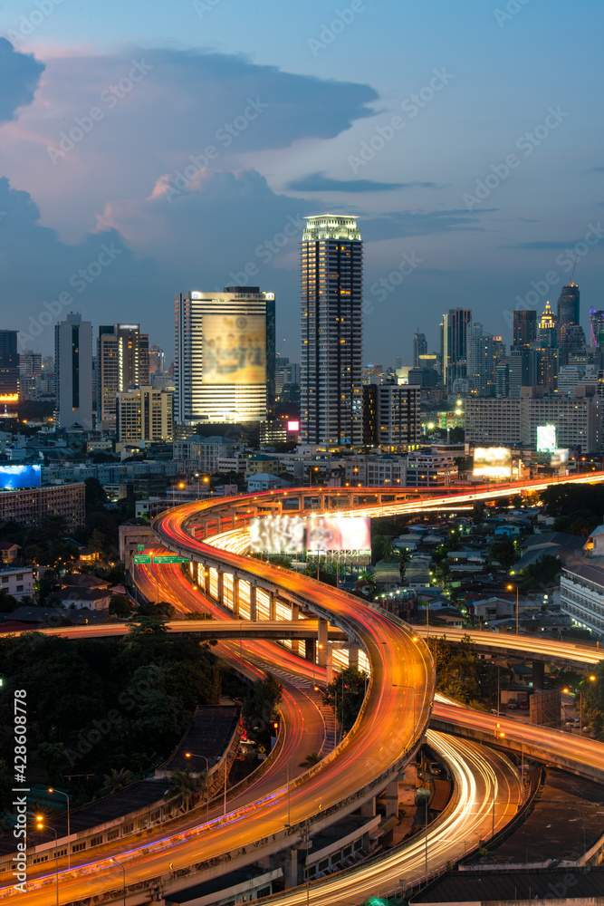 Expressway and the city of Bangkok landscape evening  top view