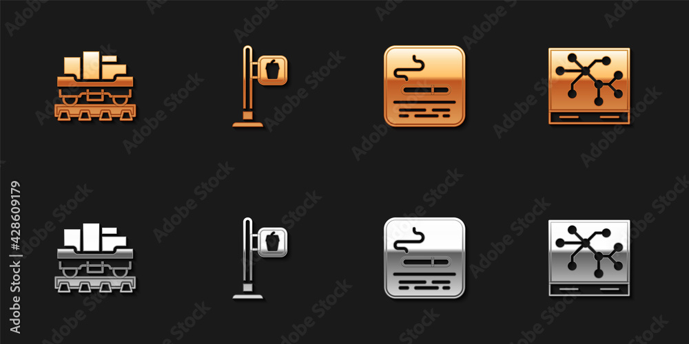 Set Cargo train wagon, Cafe and restaurant location, Smoking area and Railway map icon. Vector Set Cargo train wagon, Cafe and restaurant location, Smoking area and Railway map icon. Vector