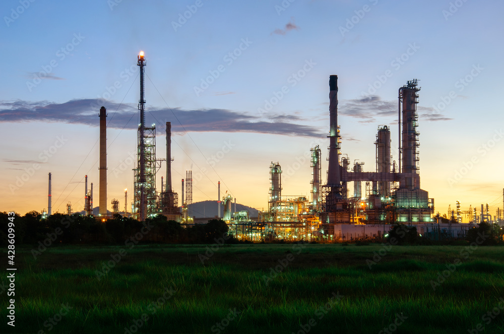 Oil refinery plant industry zone, Aerial view oil and gas petrochemical Refinery factory oil storage tank and pipeline steel at , Ecosystem and Safety  Twilight sky
