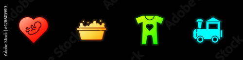 Set Baby inside heart, bathtub, clothes and Toy train icon. Vector