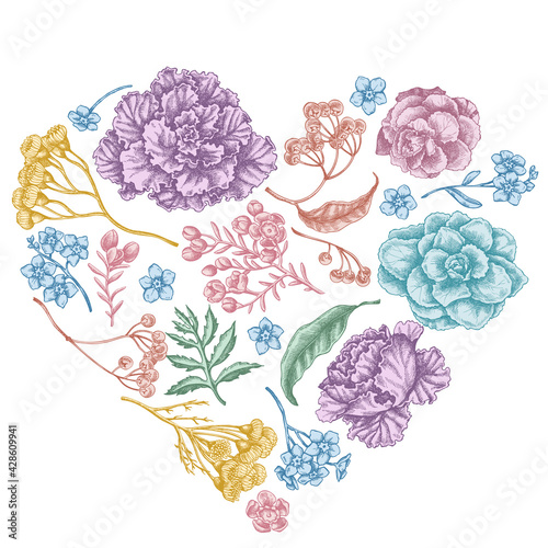 Heart floral design with pastel wax flower, forget me not flower, tansy, ardisia, brassica, decorative cabbage