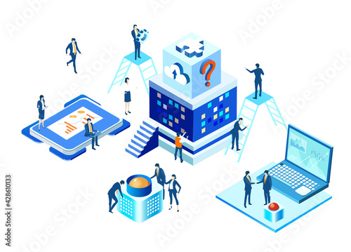 Isometric 3D business environment. Isometric server room space, business people working together,  generating fresh content and new ideas. Infographic illustration