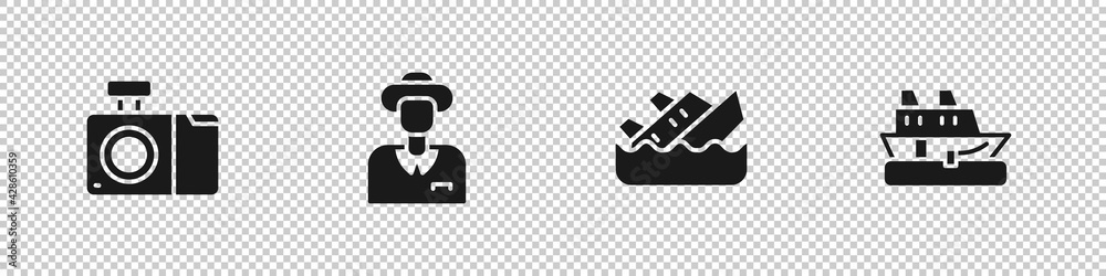 Set Photo camera, Tourist, Sinking cruise ship and Cruise icon. Vector Set Photo camera, Tourist, Sinking cruise ship and Cruise icon. Vector