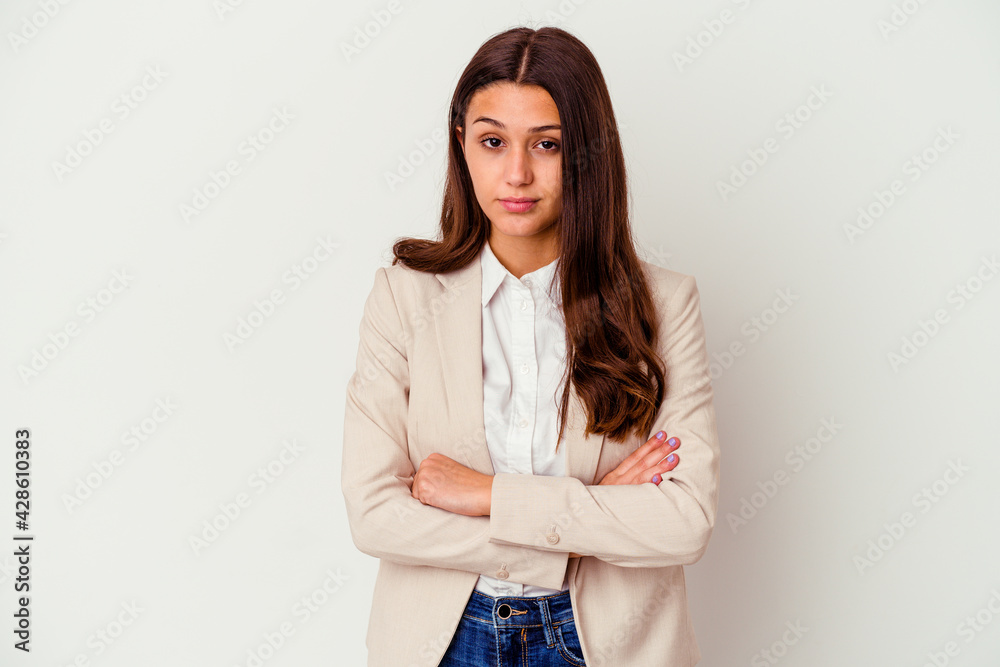 Young Indian business woman isolated on white background unhappy looking in camera with sarcastic expression. Young Indian business woman isolated on white background unhappy looking in camera with sarcastic expression.
