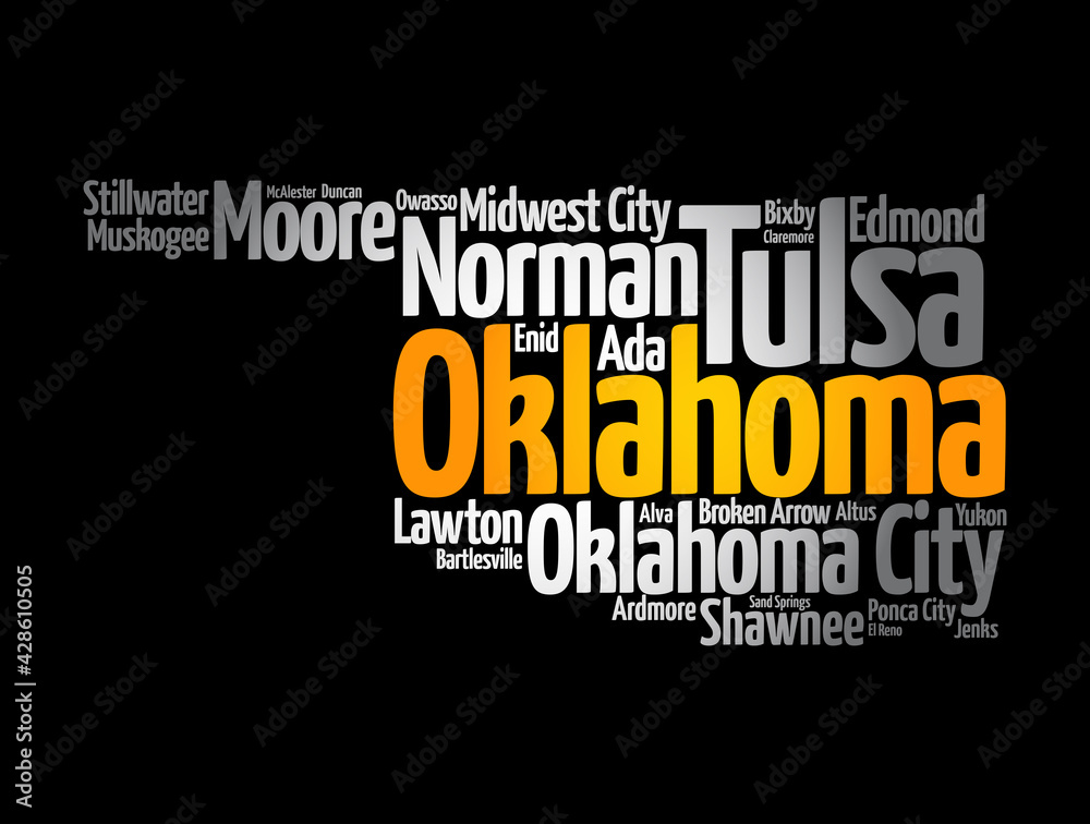 List of cities in Oklahoma USA state, map silhouette word cloud map concept background