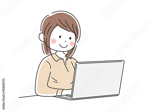 ノートパソコンで仕事をする女性のイラスト