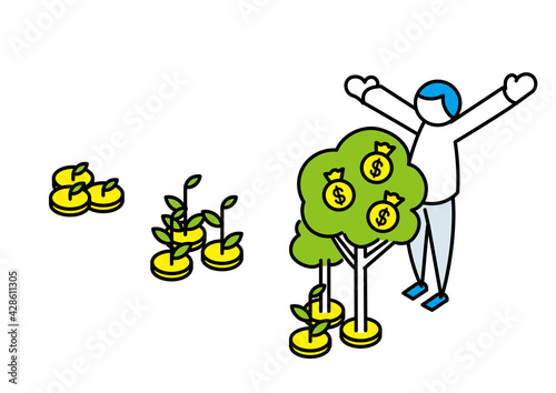 育ったお金の木をみて喜ぶイラスト　線画ver