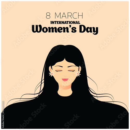 International Women's Day poster background with long hair girl from the front view vector flat illustration. Happy Women's Day design with font and beautiful girl vector illustration. 8 march