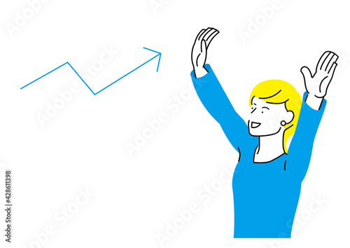 上がるグラフを見て笑顔で両手を上げる女性のイラスト　青ver