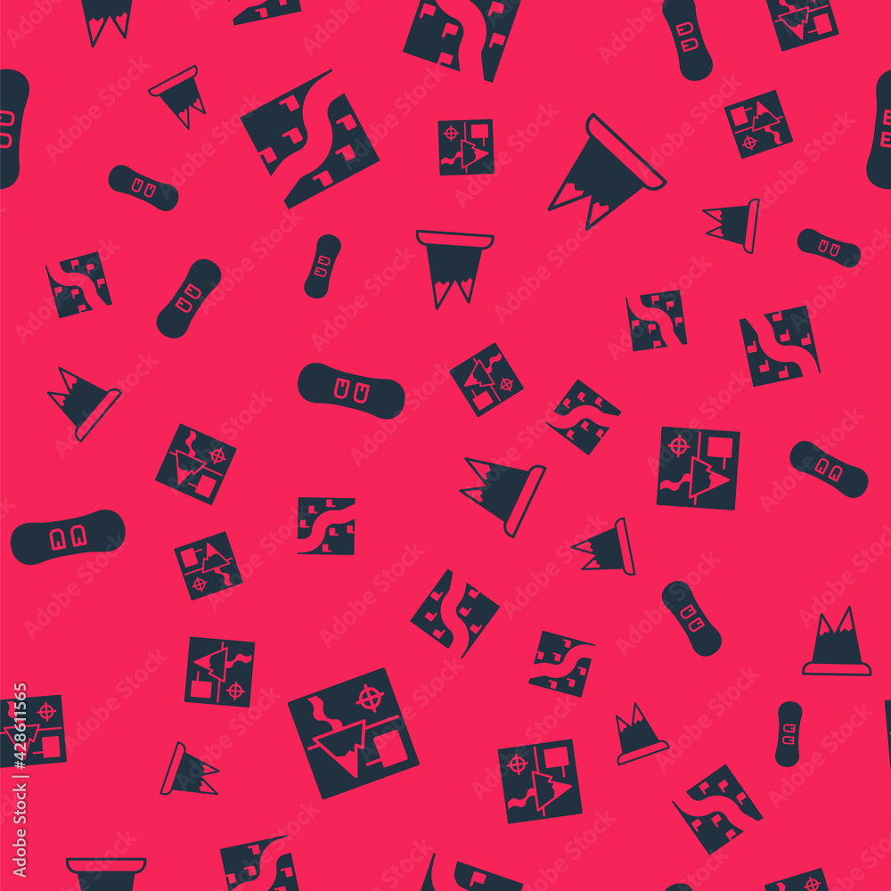 Set Folded map, Route location, Snowboard and Mountains on seamless pattern. Vector