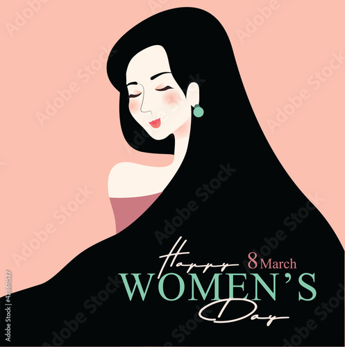 International Women's Day poster background with black long hair girl from the front view vector flat illustration. Happy Women's Day design with font and beautiful girl vector illustration. 8 march
