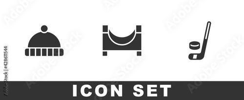 Set Winter hat, Skate park and Ice hockey stick and puck icon. Vector