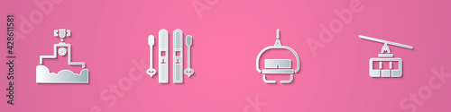 Set paper cut Award winner podium, Ski and sticks, lift and Cable car icon. Paper art style. Vector
