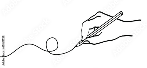 Hand with pen writing a line. Hand holding pencil. Line draw brushes pattern. Flat vector