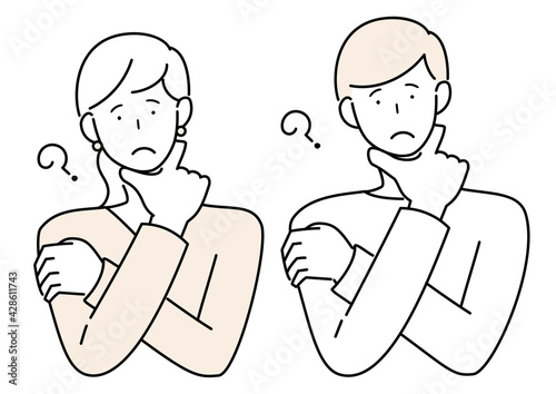 腕を組んで悩む男女のイラスト