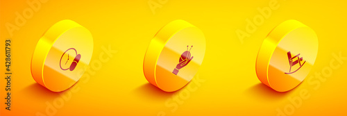 Set Isometric Medicine pill or tablet, Yarn ball with knitting needles and Rocking chair icon. Vector