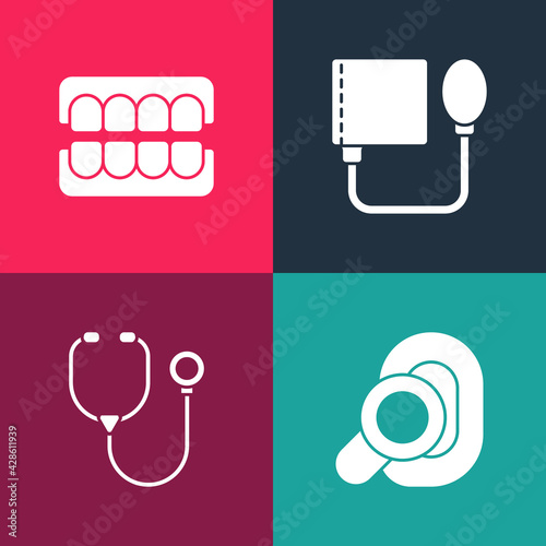 Set pop art Hearing aid, Stethoscope, Blood pressure and False jaw icon. Vector