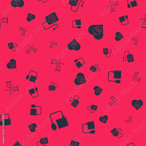 Set Blood pressure, IV bag, Crutch or crutches and Grandmother on seamless pattern. Vector