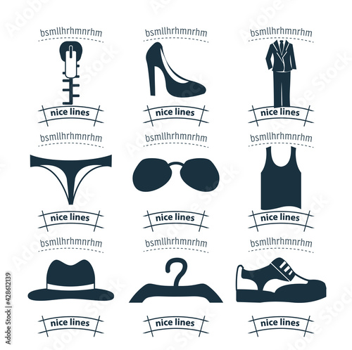 clothing icon set with dress, shoes, fashion elements, woman heel