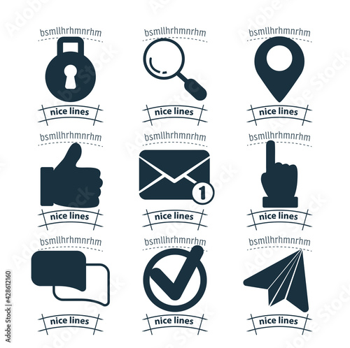 web icon set with like icon, lock, map pin, chat dialog bubble