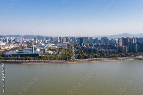Aerial view of Qiantang River Bridge and modern city skyline in Hangzhou, China © Sen