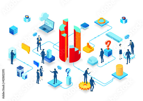 Isometric 3D business environment. Isometric server room space, business people working together,  generating fresh content and new ideas. Infographic illustration