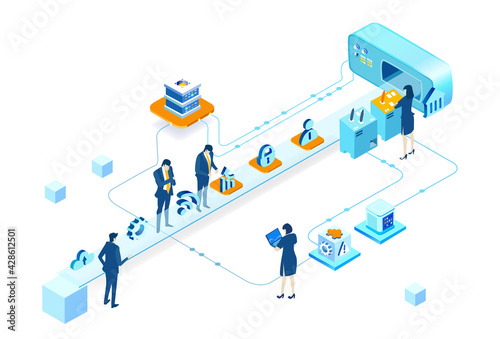 Isometric 3D business environment. Isometric factory environment. Business people work around conveyer belt as symbol of generating fresh content and new ideas. Infographic illustration