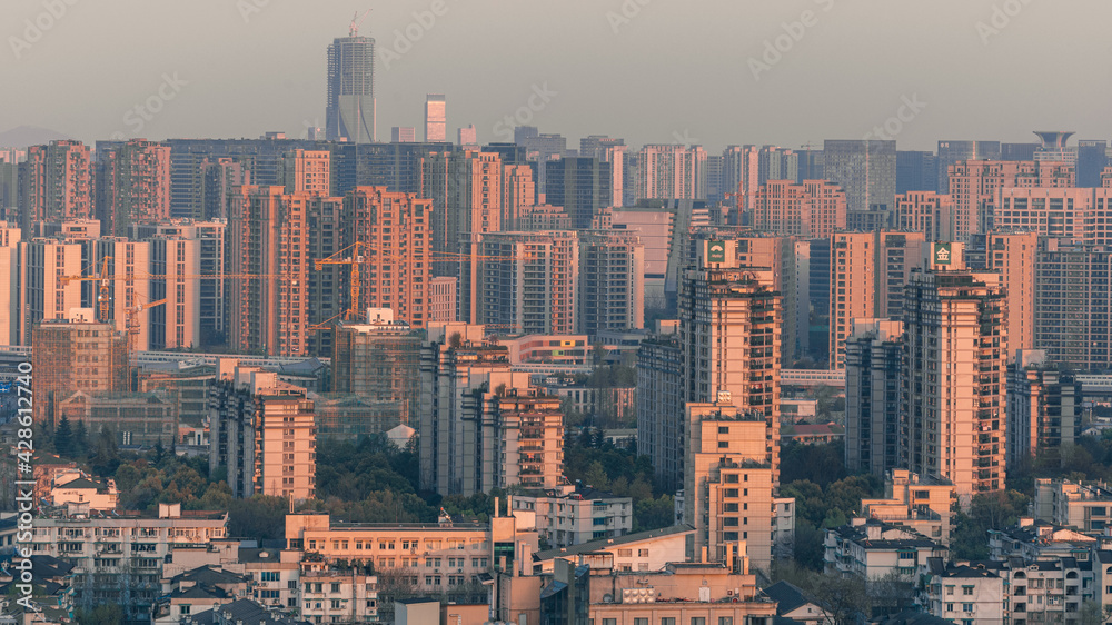 Sunset landscapes of the city skyline in Hangzhou, China
