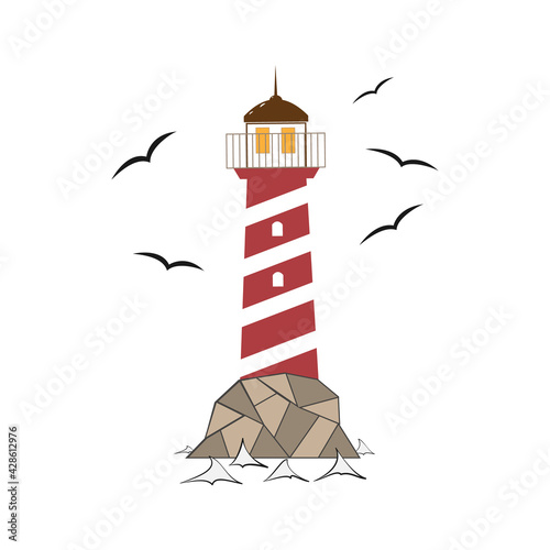 Vector illustration of a lighthouse on a rock. Seagulls and waves of the sea. Insulation over white. Sign, symbol, design element. For a wide range of design applications.