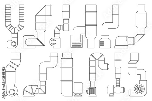 Ventilation pipe outline vector set icon. Isolated outline set icon ventilation pipe. Vector illustration air system on white background.