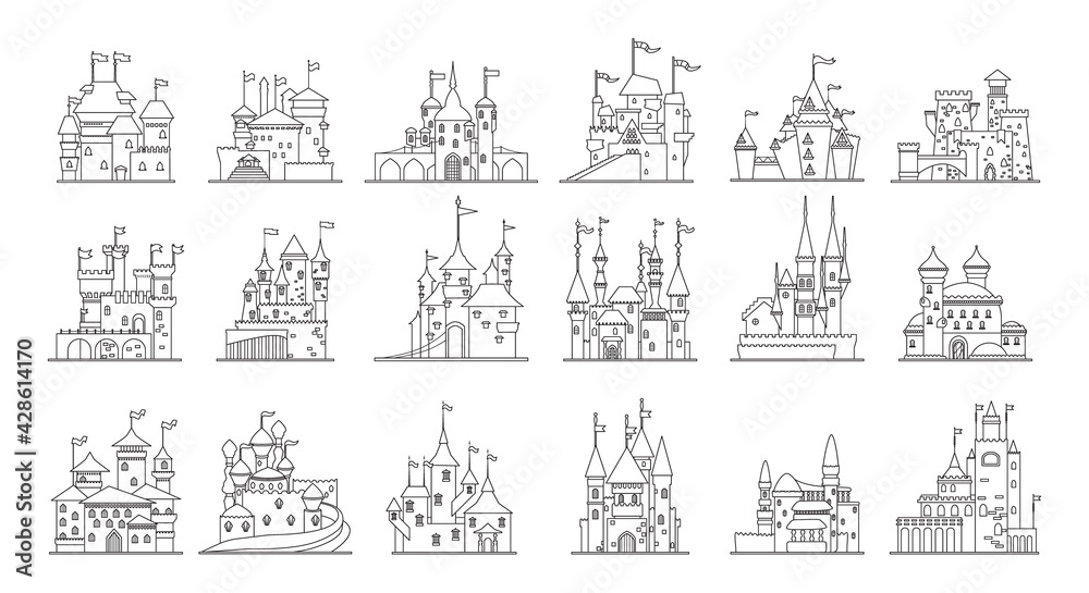 Medieval castle vector outline set icon. Isolated outline set icon knight fortress. Vector illustration medieval castle on white background.