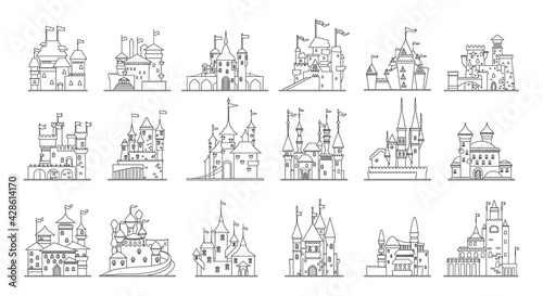 Medieval castle vector outline set icon. Isolated outline set icon knight fortress. Vector illustration medieval castle on white background.