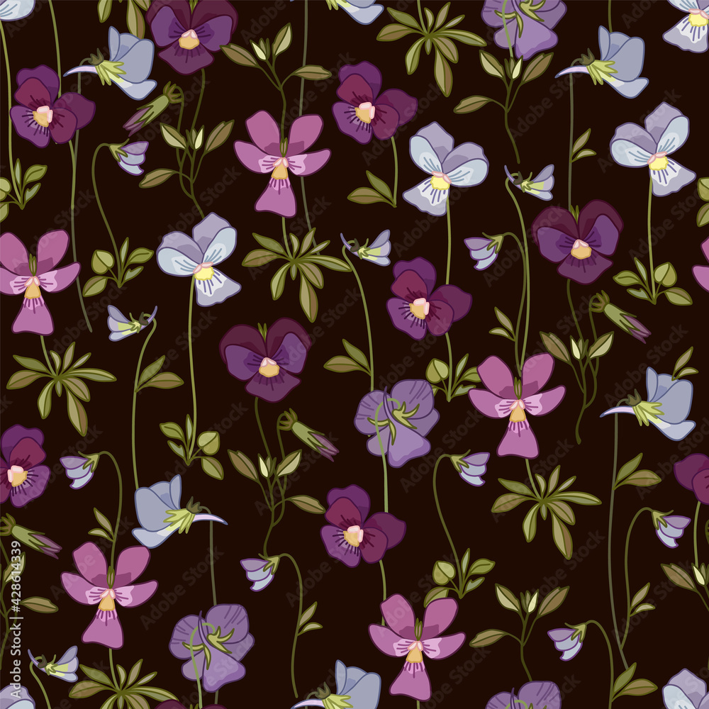 Floral seamless pattern with pansy flowers. Suitable for textiles, wallpaper, wrapping paper, packaging.