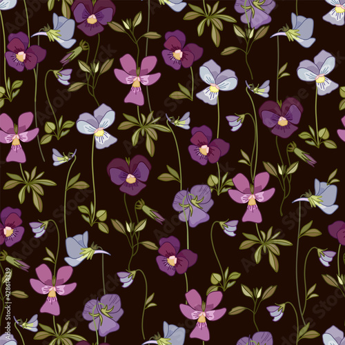 Fototapeta Naklejka Na Ścianę i Meble -  Floral seamless pattern with pansy flowers. Suitable for textiles, wallpaper, wrapping paper, packaging.