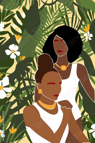 African adult woman couple portrait. Abstract minimalist african adult woman artwork for design party invitation, t shirt print, fashionable shop poster