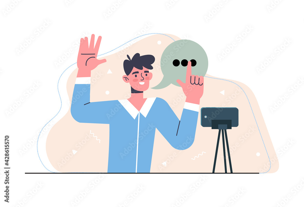 Young male character is working as a freelance blogger Young male character is working as a freelance blogger