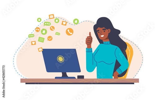 Young female character is working as a freelance IT